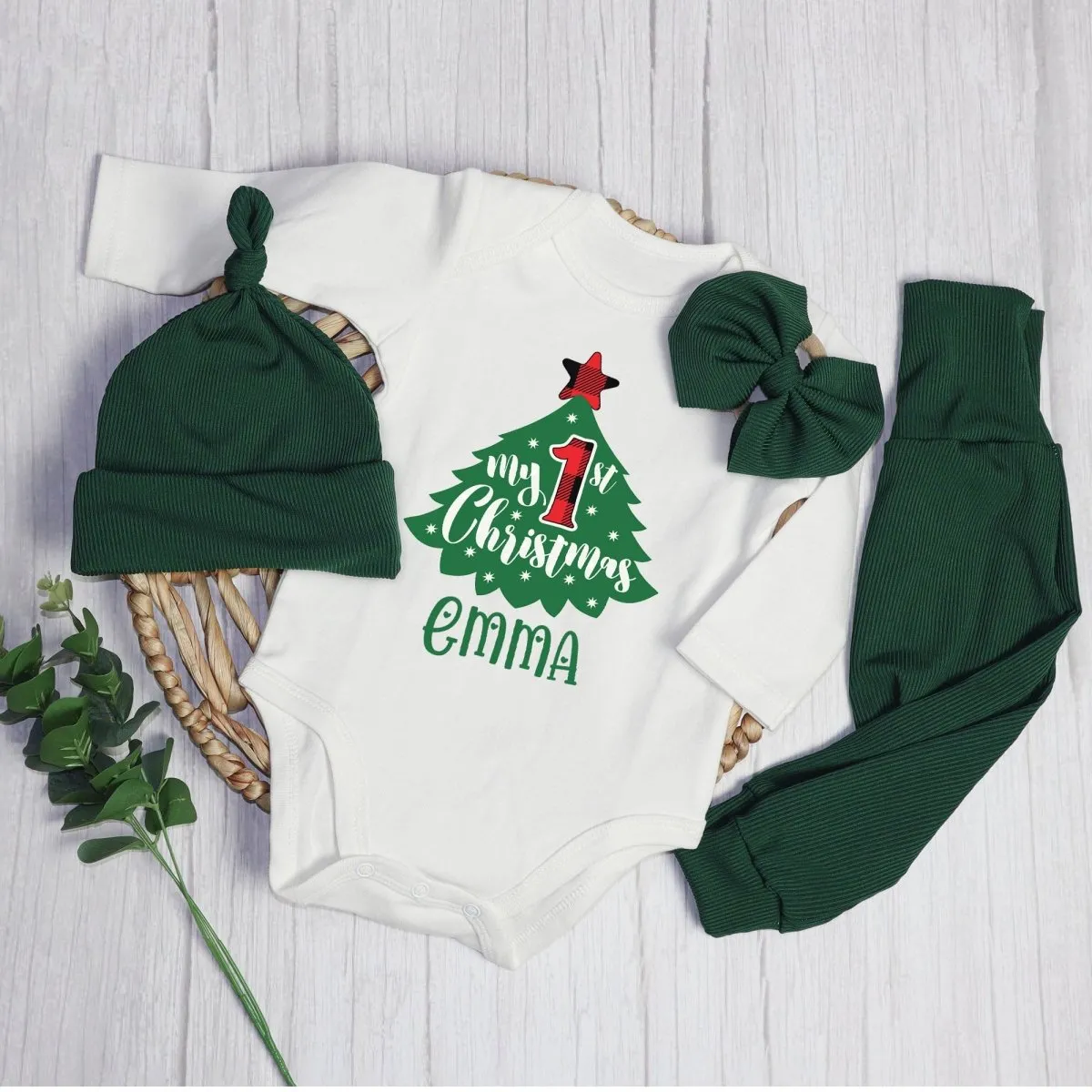 Personalized My First Christmas Tree Baby Onesie and Long Pants Set | Custom Cute Christmas Tree Bodysuit
