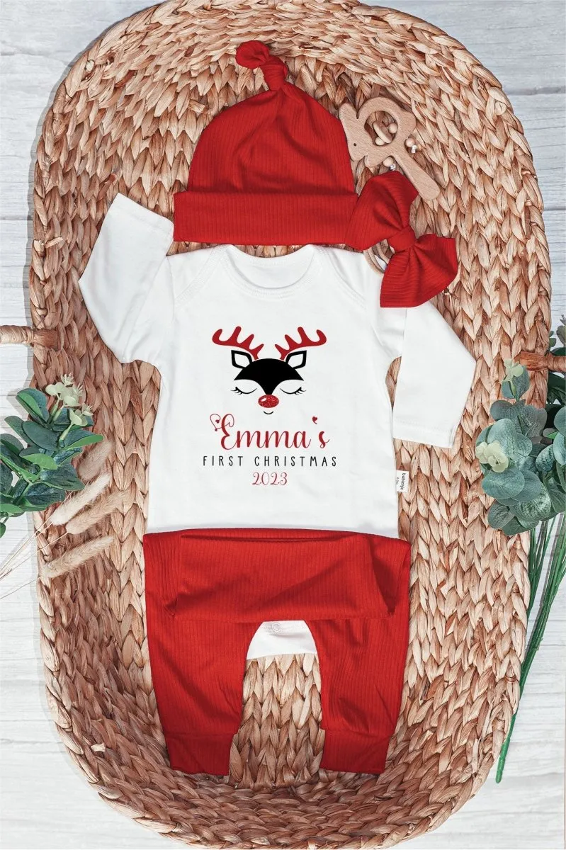 Personalized Reindeer Christmas Baby Girl Onesie and Long Pants Set | Custom First Christmas Baby Bodysuit