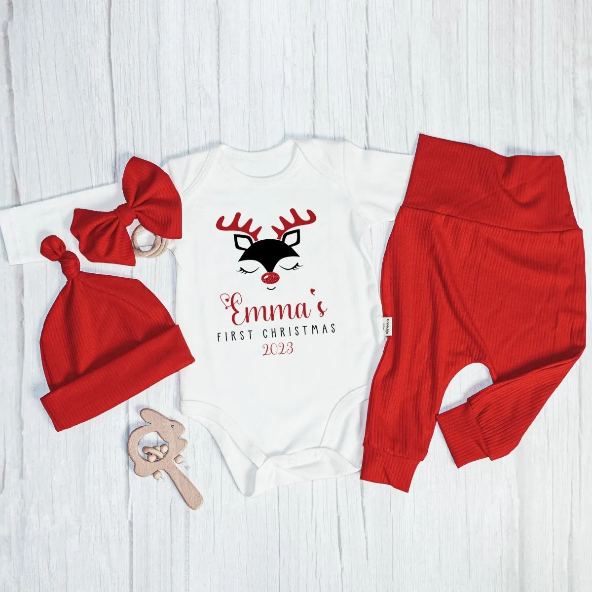 Personalized Reindeer Christmas Baby Girl Onesie and Long Pants Set | Custom First Christmas Baby Bodysuit