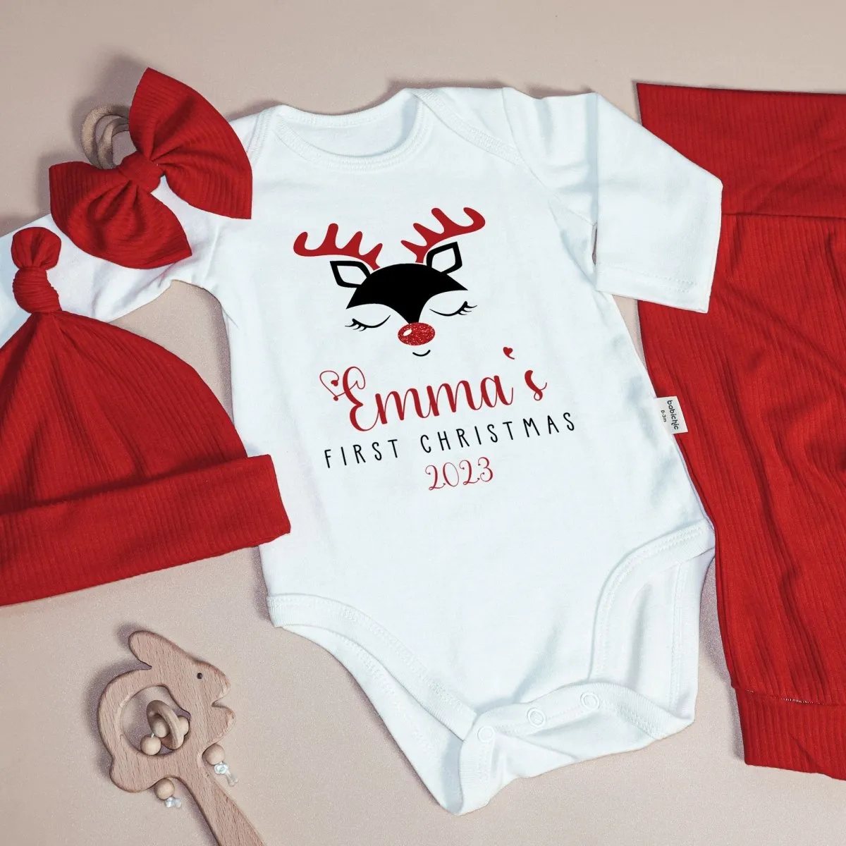 Personalized Reindeer Christmas Baby Girl Onesie and Long Pants Set | Custom First Christmas Baby Bodysuit