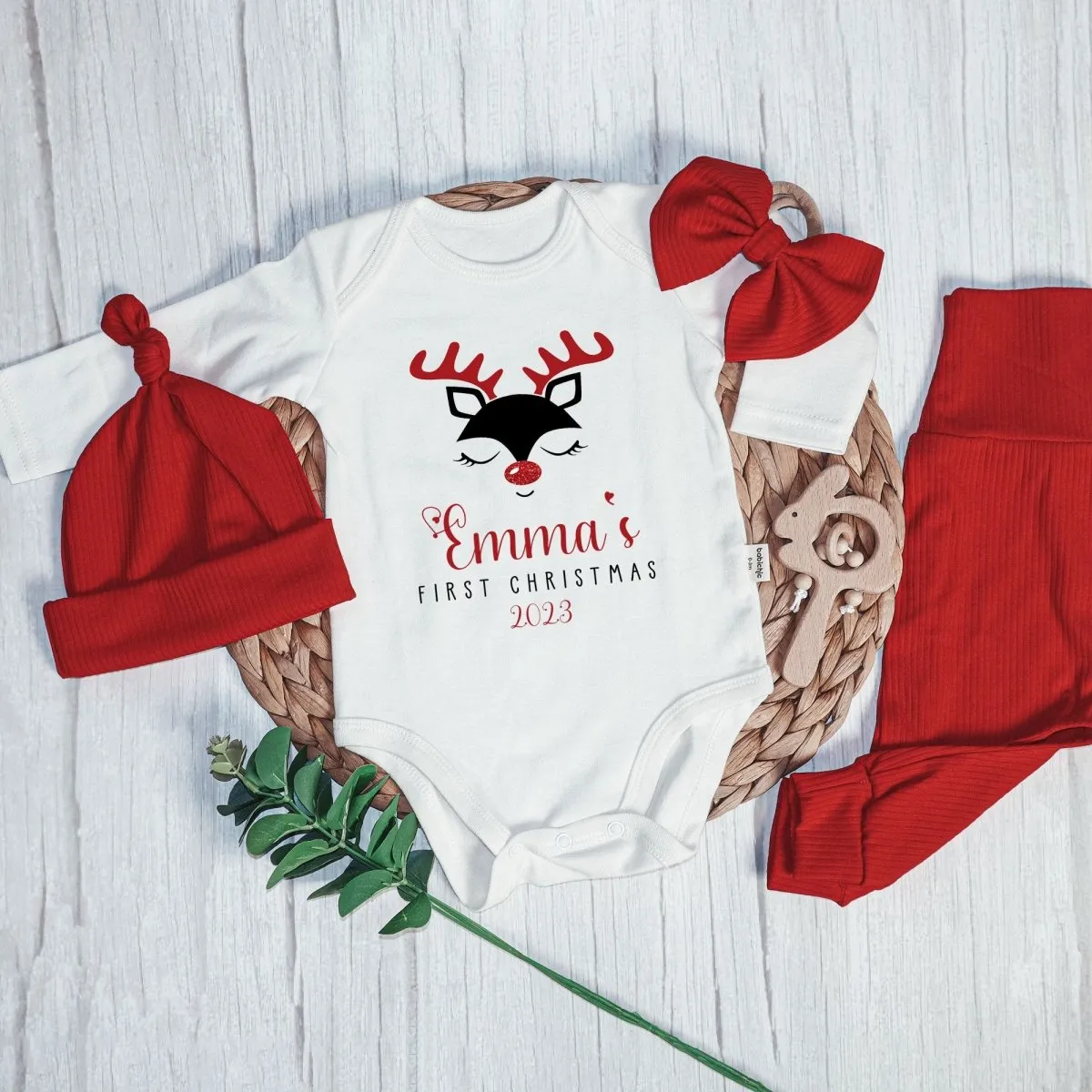 Personalized Reindeer Christmas Baby Girl Onesie and Long Pants Set | Custom First Christmas Baby Bodysuit
