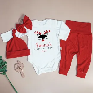 Personalized Reindeer Christmas Baby Girl Onesie and Long Pants Set | Custom First Christmas Baby Bodysuit