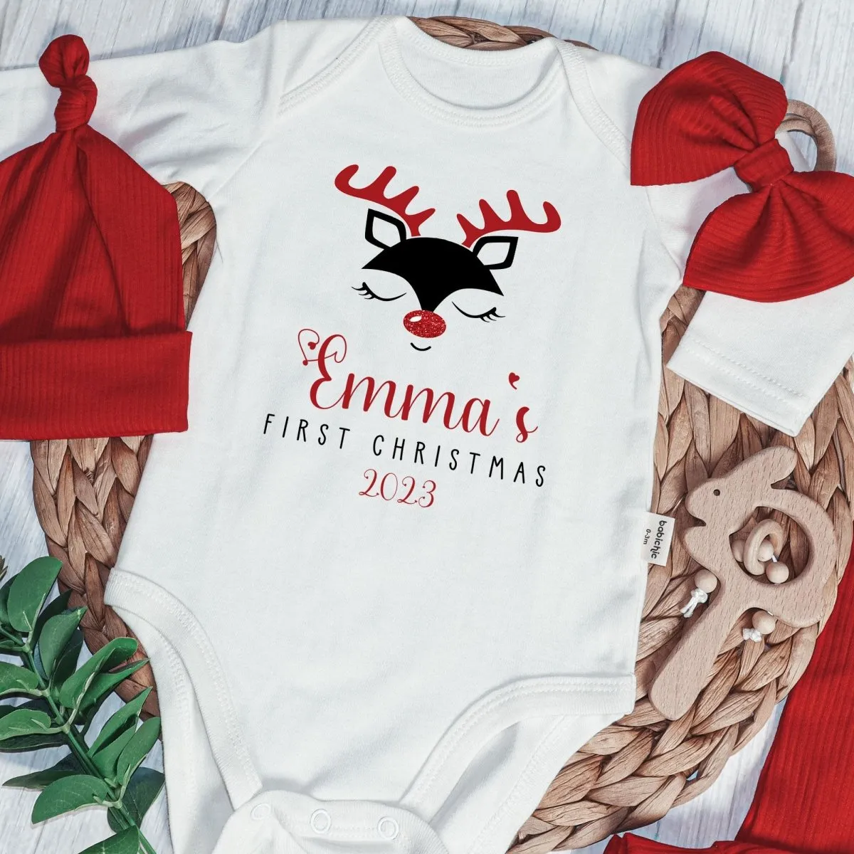 Personalized Reindeer Christmas Baby Girl Onesie and Long Pants Set | Custom First Christmas Baby Bodysuit