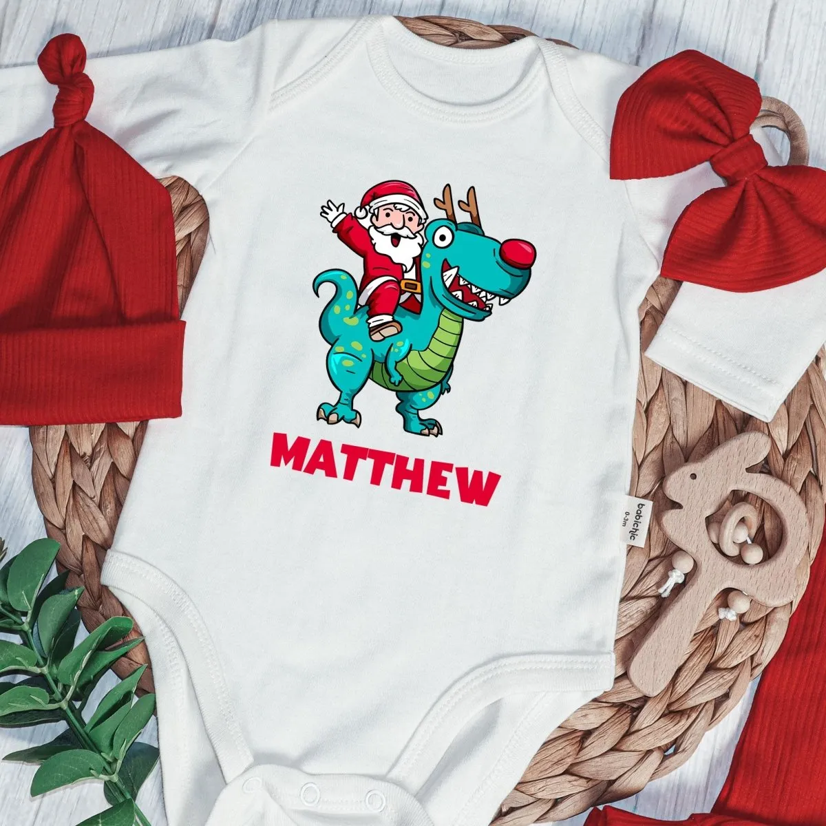 Personalized Santa Riding Dinosaur Baby Boy Onesie and Long Pants Set | Custom Christmas T-Rex Baby Bodysuit