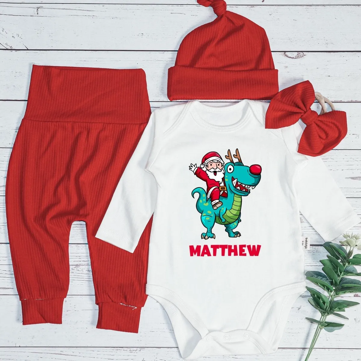 Personalized Santa Riding Dinosaur Baby Boy Onesie and Long Pants Set | Custom Christmas T-Rex Baby Bodysuit