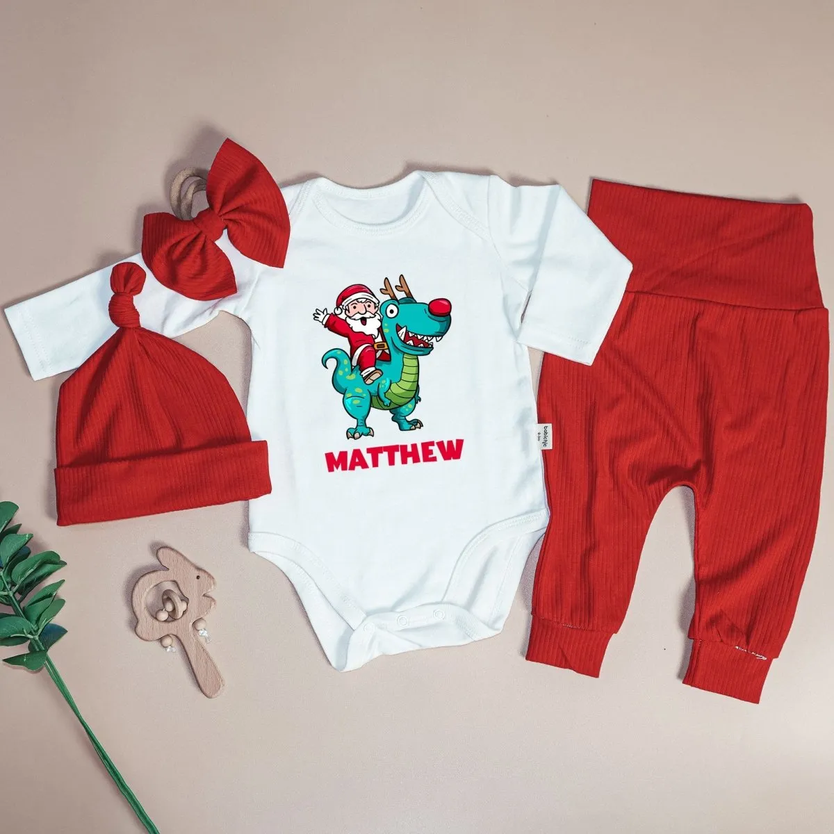 Personalized Santa Riding Dinosaur Baby Boy Onesie and Long Pants Set | Custom Christmas T-Rex Baby Bodysuit