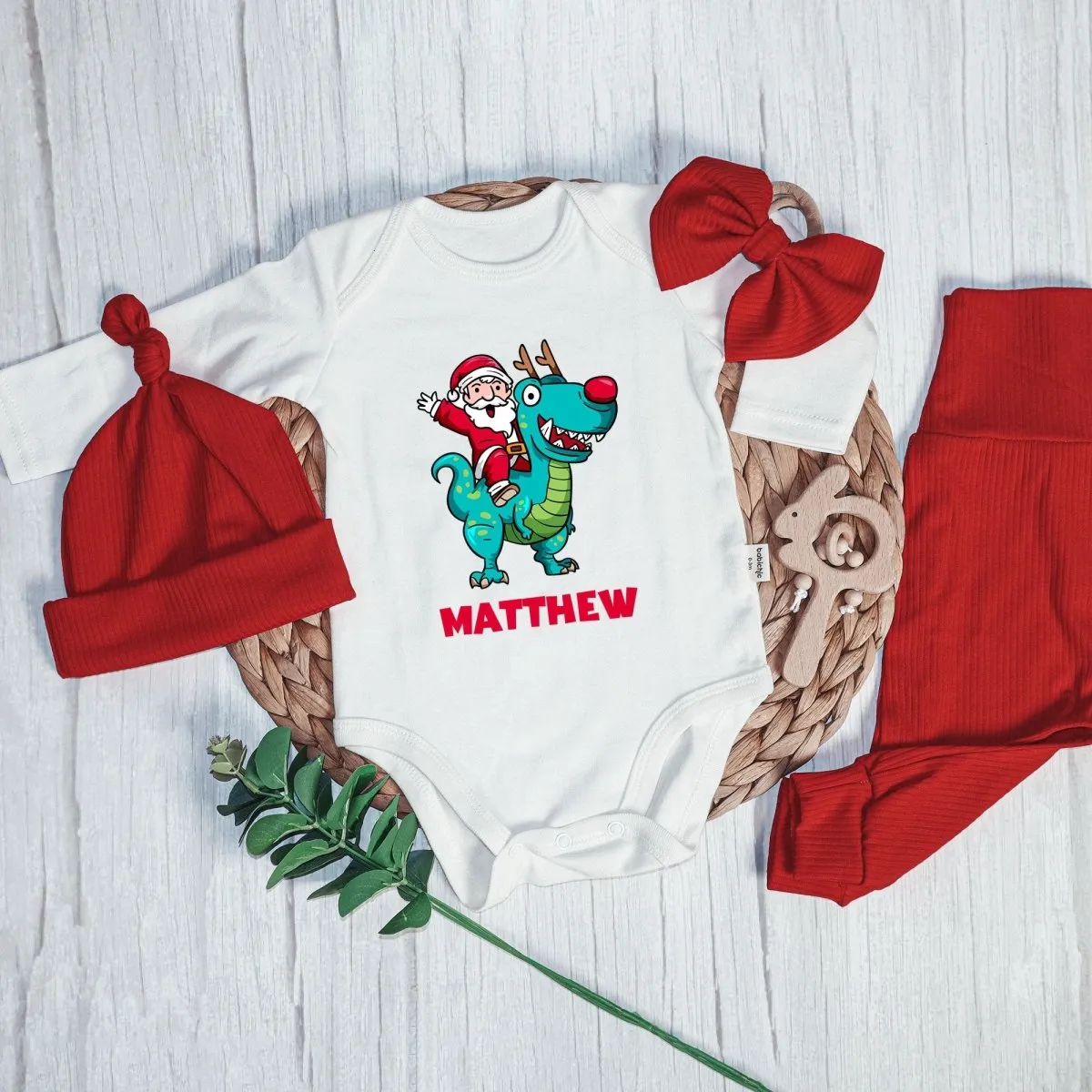 Personalized Santa Riding Dinosaur Baby Boy Onesie and Long Pants Set | Custom Christmas T-Rex Baby Bodysuit