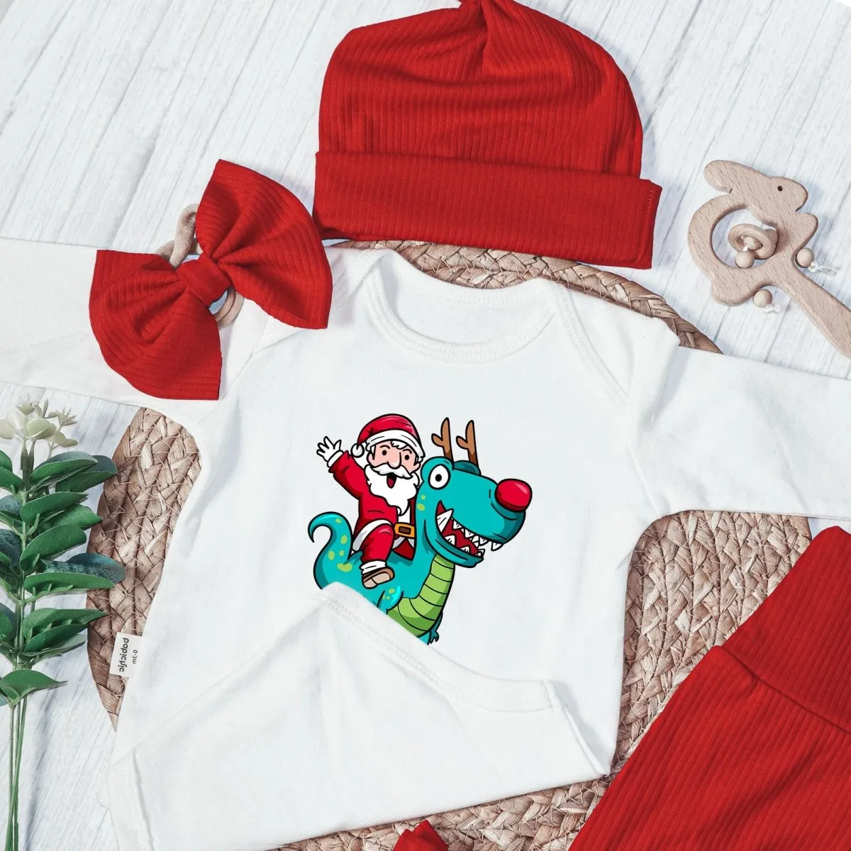 Personalized Santa Riding Dinosaur Baby Boy Onesie and Long Pants Set | Custom Christmas T-Rex Baby Bodysuit