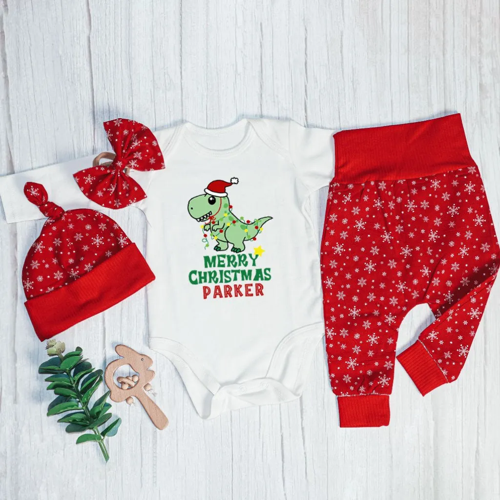 Pesonalized Christmas Dinosaur Baby Onesie and Long Pants Set | Cute Baby Holiday Bodysuit |