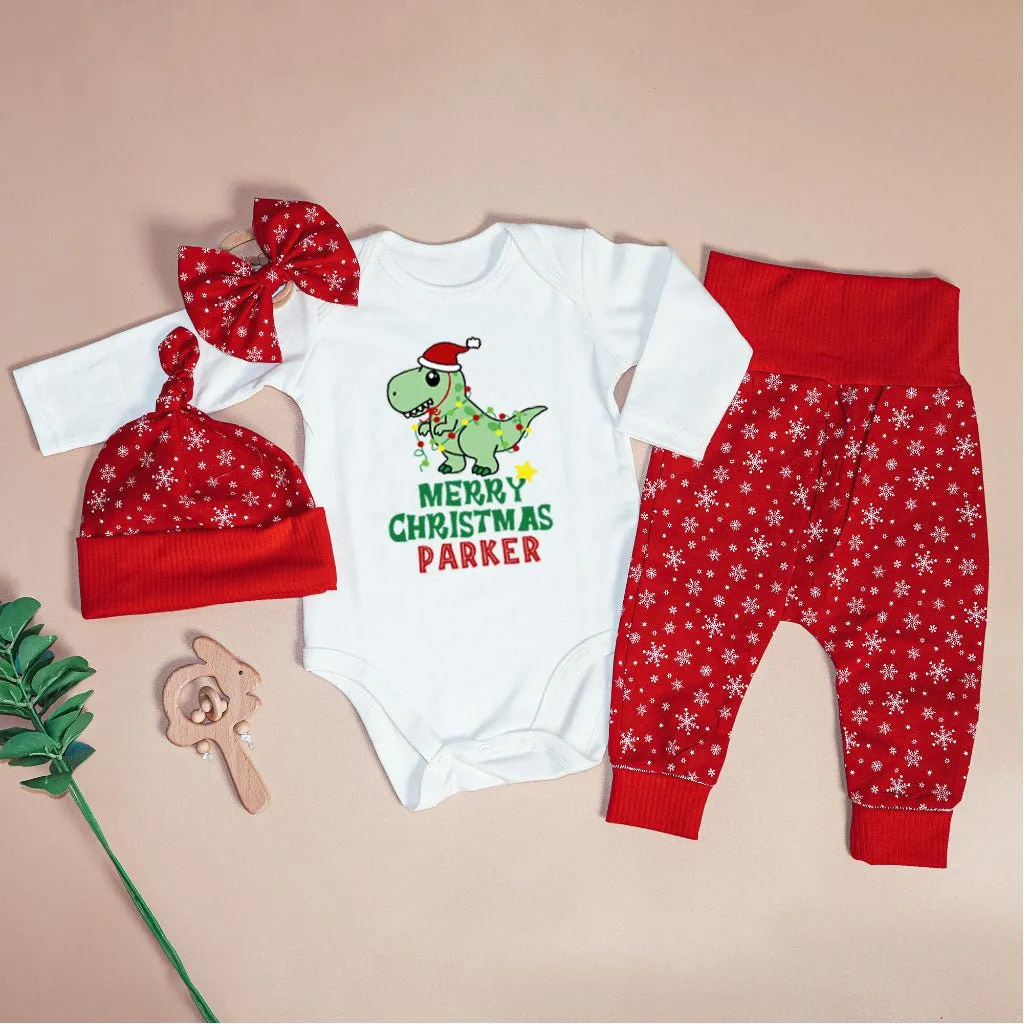 Pesonalized Christmas Dinosaur Baby Onesie and Long Pants Set | Cute Baby Holiday Bodysuit |