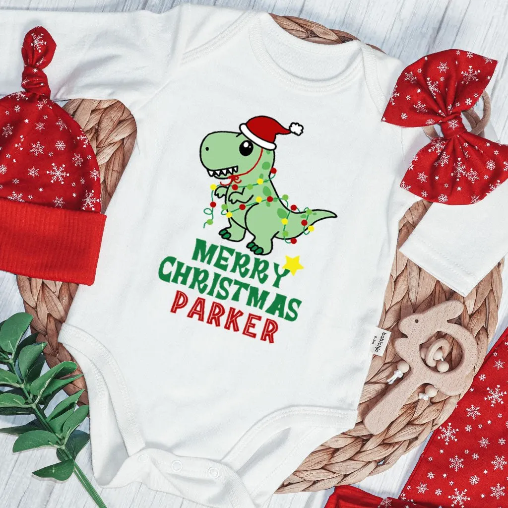 Pesonalized Christmas Dinosaur Baby Onesie and Long Pants Set | Cute Baby Holiday Bodysuit |