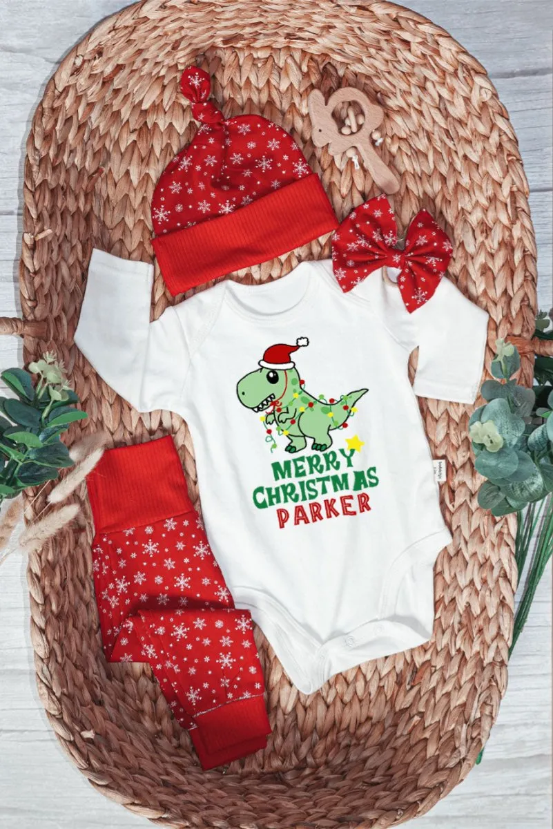 Pesonalized Christmas Dinosaur Baby Onesie and Long Pants Set | Cute Baby Holiday Bodysuit |