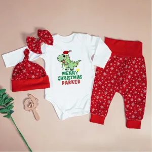Pesonalized Christmas Dinosaur Baby Onesie and Long Pants Set | Cute Baby Holiday Bodysuit |