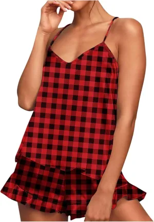 Plaid Print Silk Satin Pajamas for Women Camisole V-Neck Thin Top Tank with Elastic Waist Summer Soft Shorts Suits