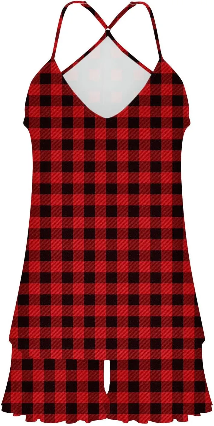 Plaid Print Silk Satin Pajamas for Women Camisole V-Neck Thin Top Tank with Elastic Waist Summer Soft Shorts Suits