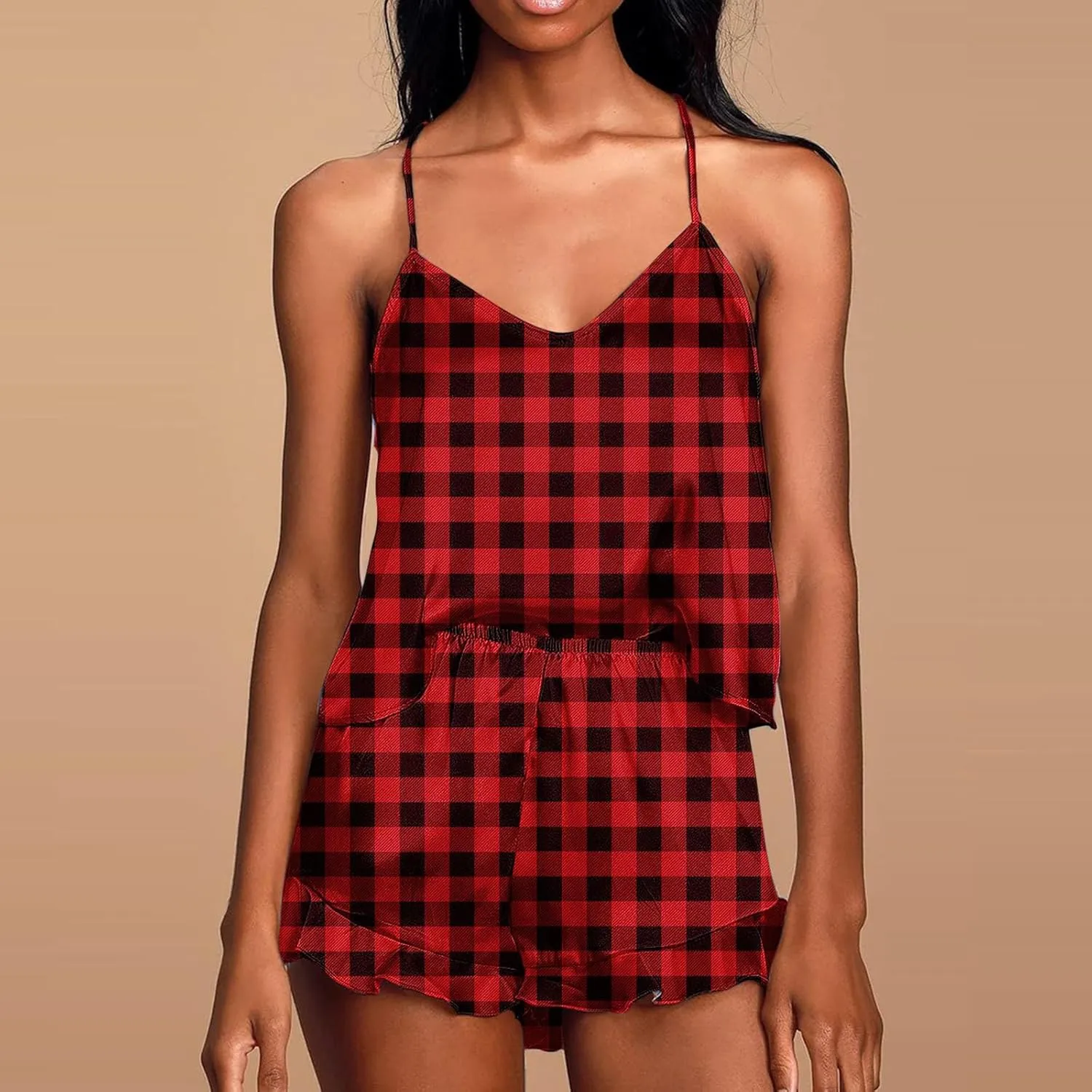 Plaid Print Silk Satin Pajamas for Women Camisole V-Neck Thin Top Tank with Elastic Waist Summer Soft Shorts Suits
