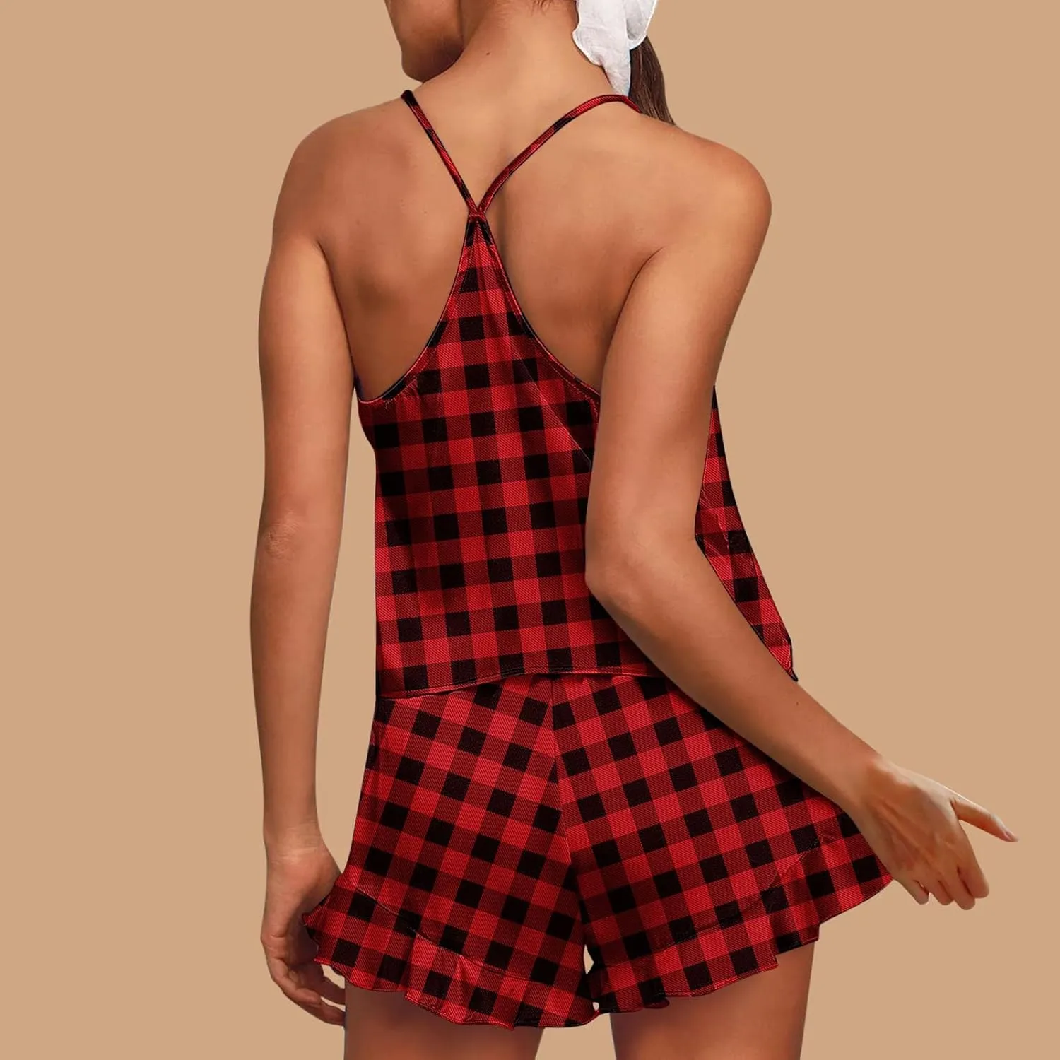 Plaid Print Silk Satin Pajamas for Women Camisole V-Neck Thin Top Tank with Elastic Waist Summer Soft Shorts Suits