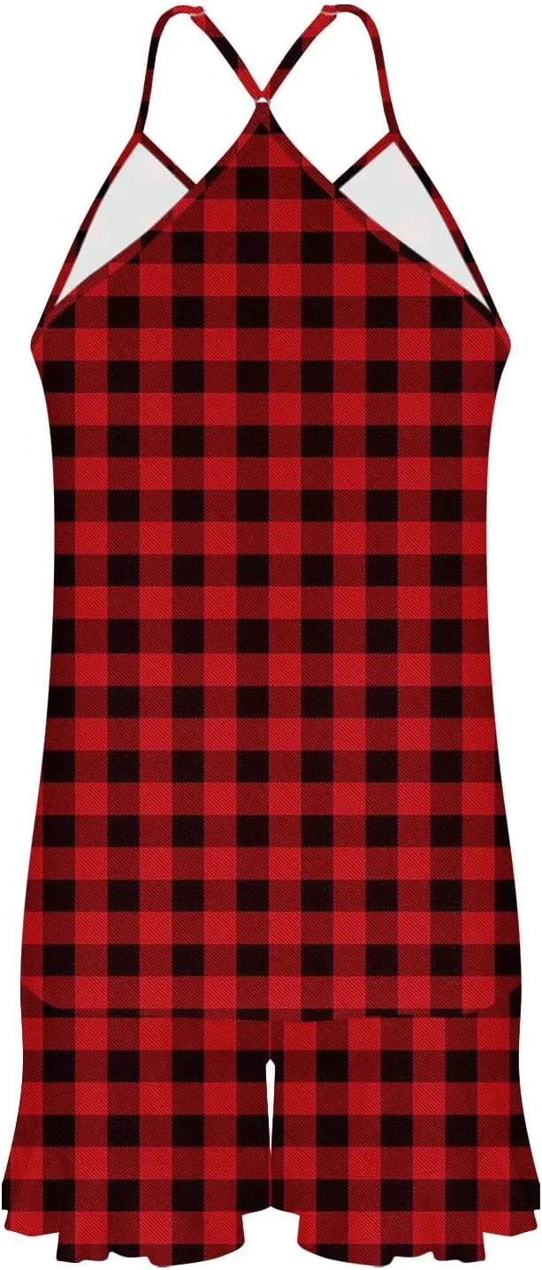 Plaid Print Silk Satin Pajamas for Women Camisole V-Neck Thin Top Tank with Elastic Waist Summer Soft Shorts Suits