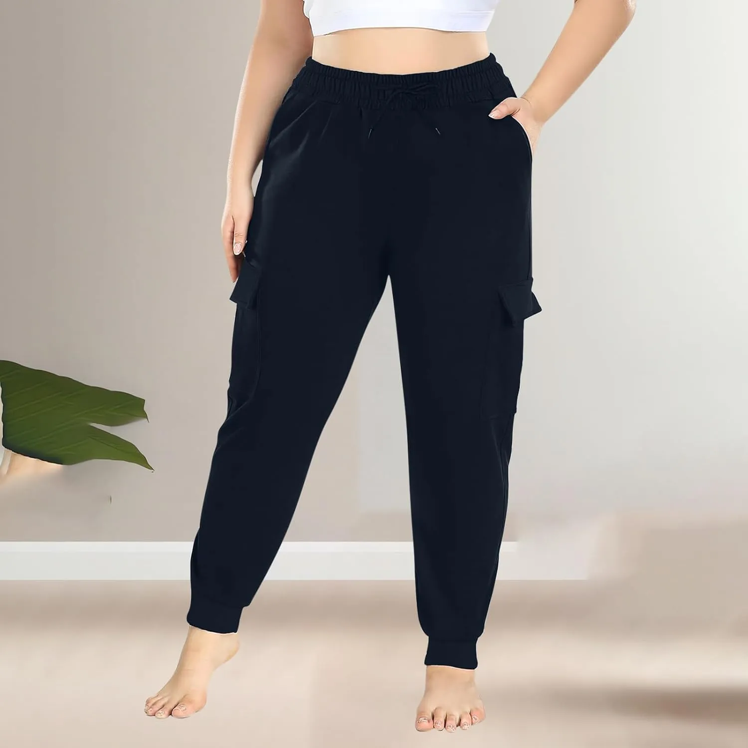 Plus Size Cargo Pants for Women Trendy Stretchy Sweatpants Workout Multi Pockets Mid Rise Jogger Pants Cinch Bottom