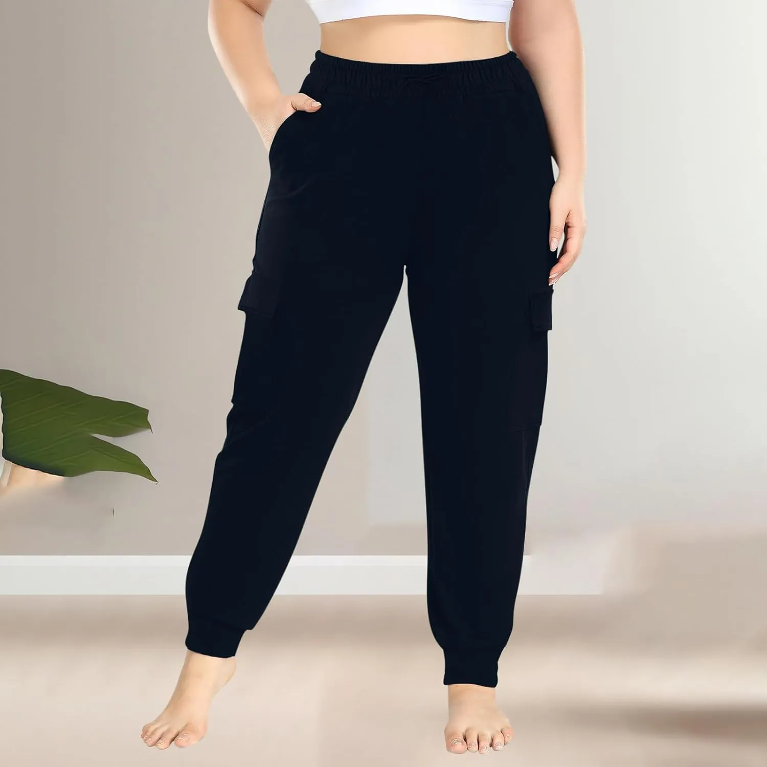 Plus Size Cargo Pants for Women Trendy Stretchy Sweatpants Workout Multi Pockets Mid Rise Jogger Pants Cinch Bottom