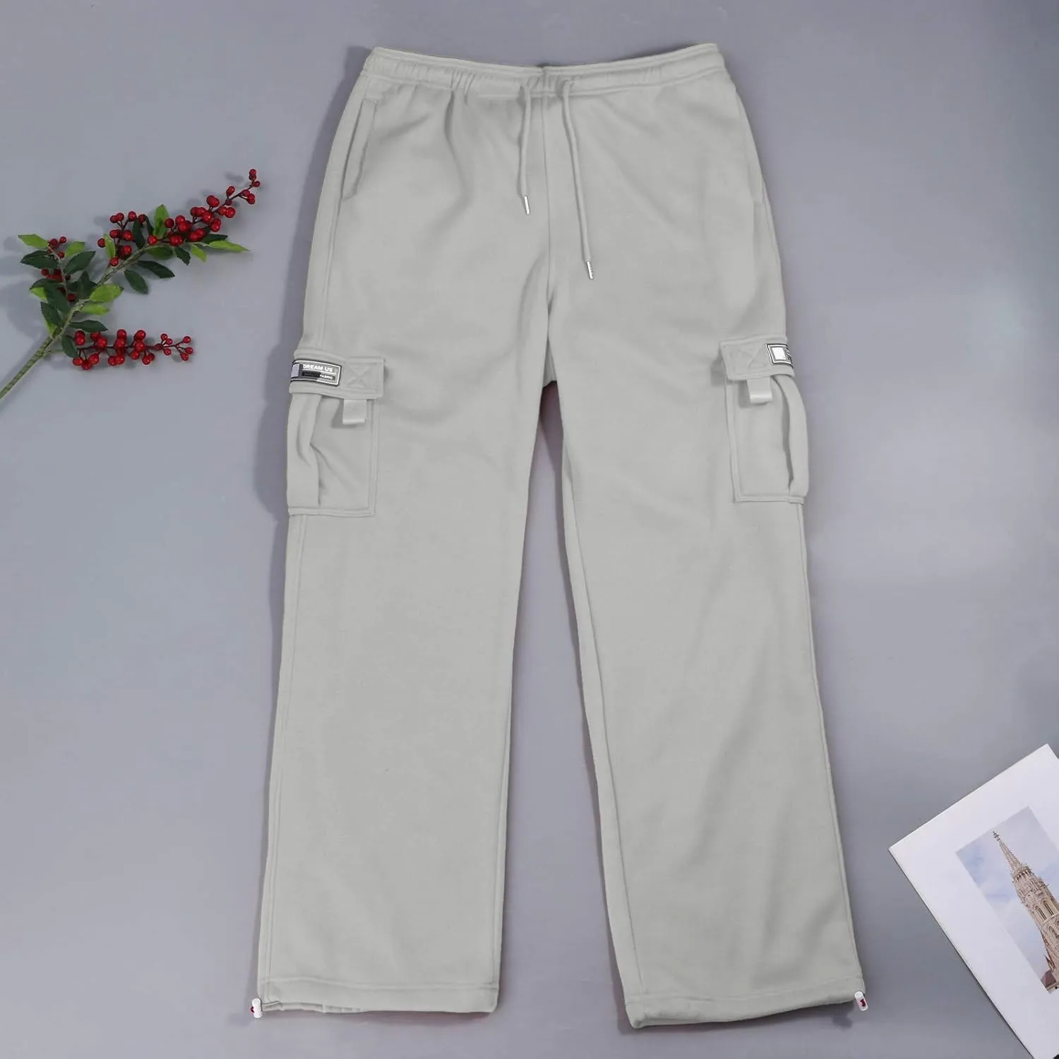 Plus Size Cargo Sweatpants for Men Casual Drawstring Waist Open Bottom Sweatpants Baggy Sweat Pants with Pockets