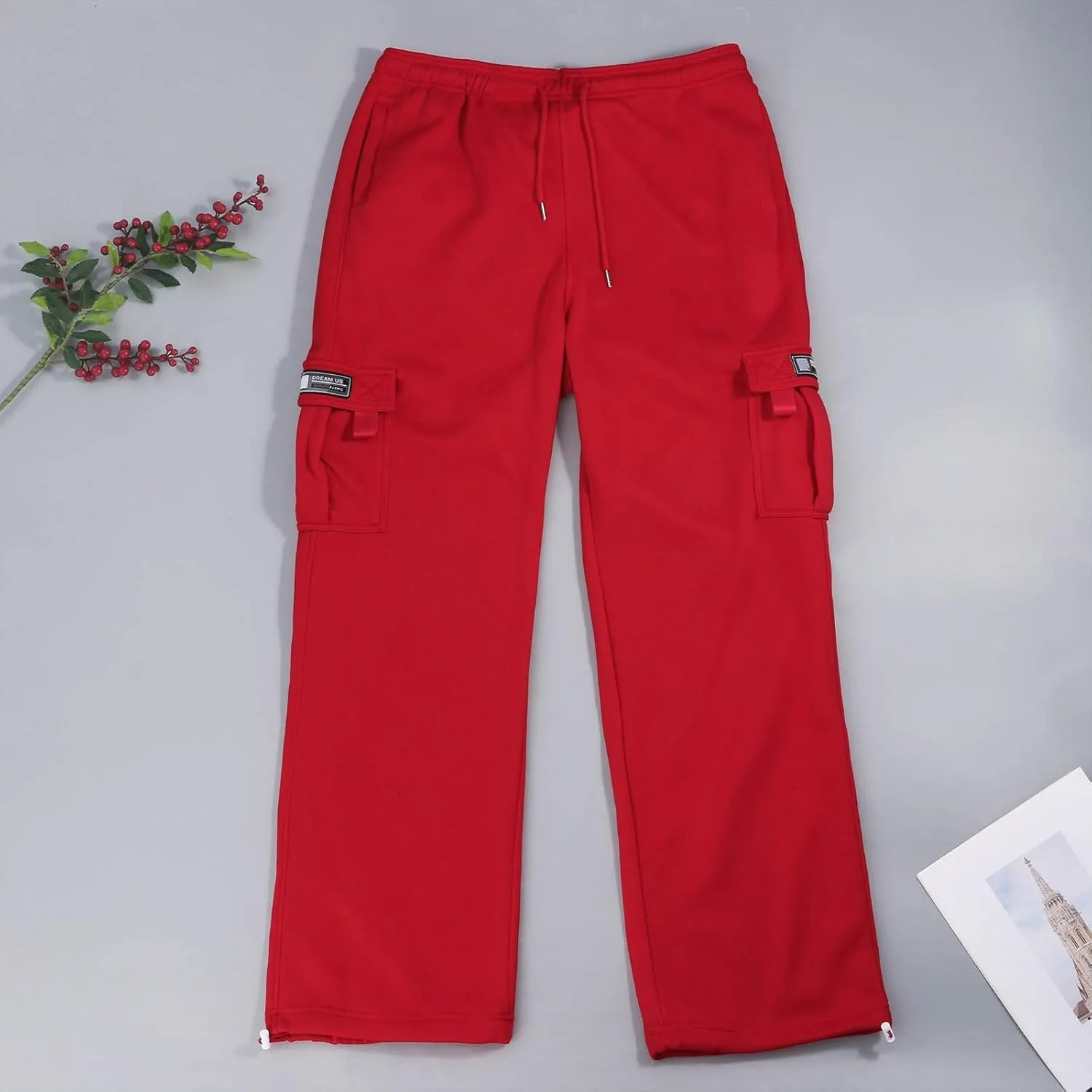 Plus Size Cargo Sweatpants for Men Casual Drawstring Waist Open Bottom Sweatpants Baggy Sweat Pants with Pockets