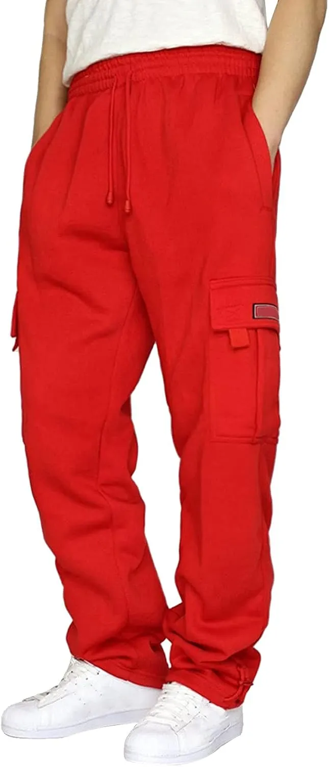 Plus Size Cargo Sweatpants for Men Casual Drawstring Waist Open Bottom Sweatpants Baggy Sweat Pants with Pockets