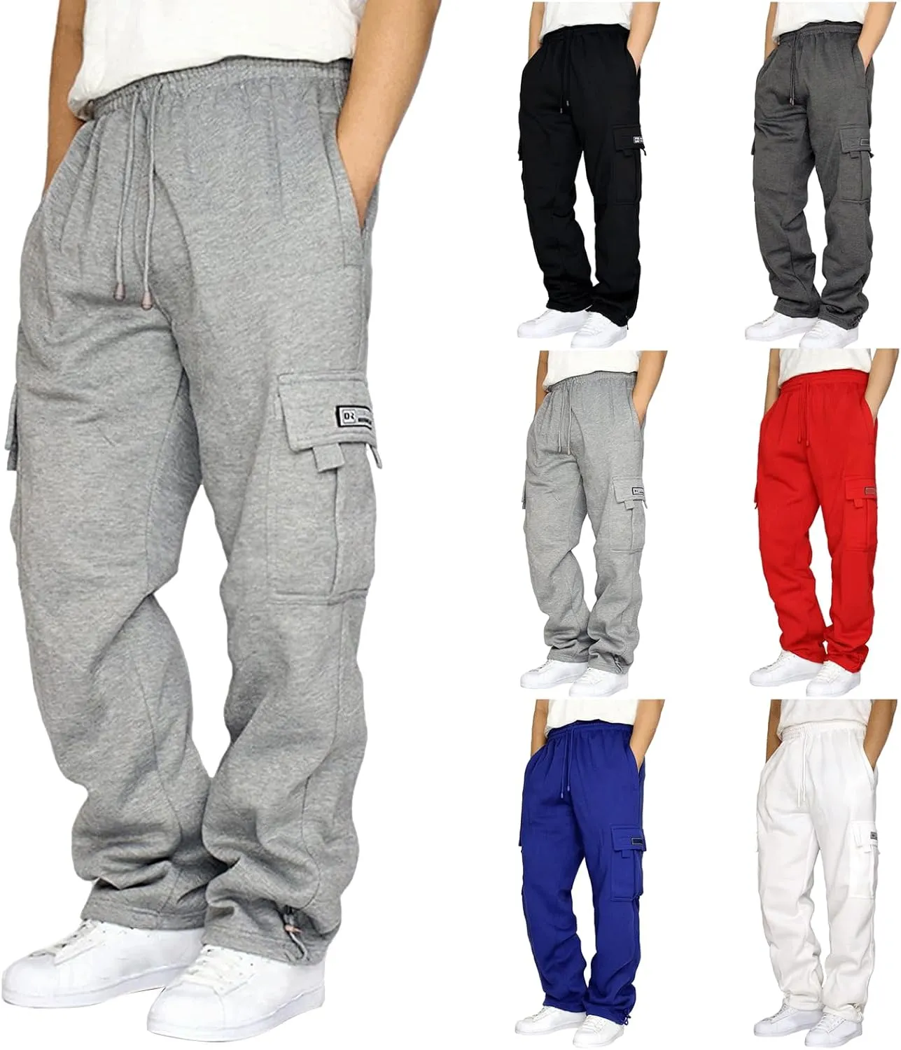 Plus Size Cargo Sweatpants for Men Casual Drawstring Waist Open Bottom Sweatpants Baggy Sweat Pants with Pockets