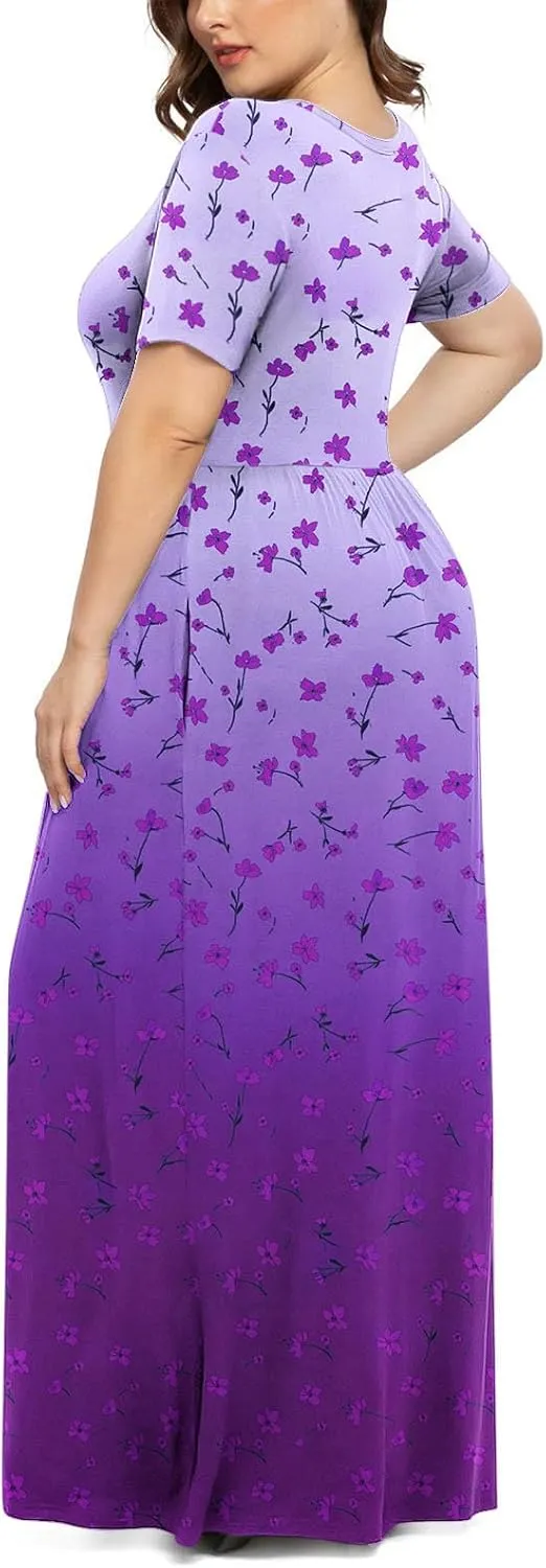 Plus Size Dresses for Women Short Sleeve Floral Graphic Dress Fashion Comfort Pleated Maxi Dress for Vacation