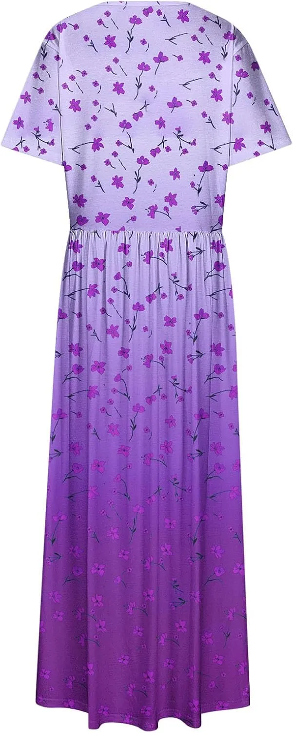 Plus Size Dresses for Women Short Sleeve Floral Graphic Dress Fashion Comfort Pleated Maxi Dress for Vacation
