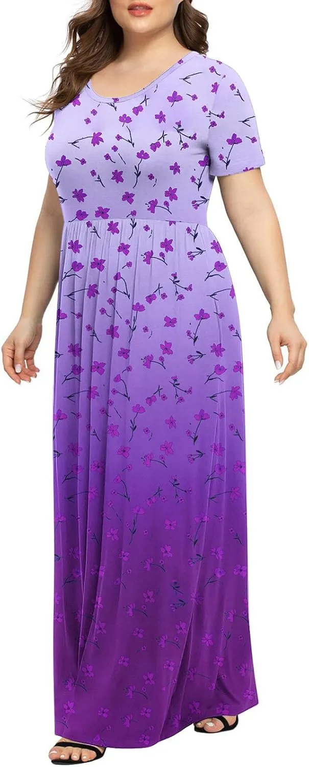 Plus Size Dresses for Women Short Sleeve Floral Graphic Dress Fashion Comfort Pleated Maxi Dress for Vacation