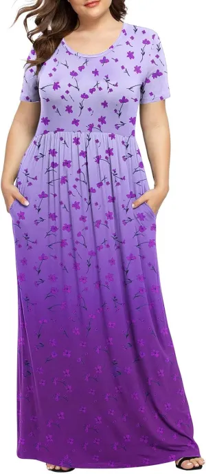 Plus Size Dresses for Women Short Sleeve Floral Graphic Dress Fashion Comfort Pleated Maxi Dress for Vacation