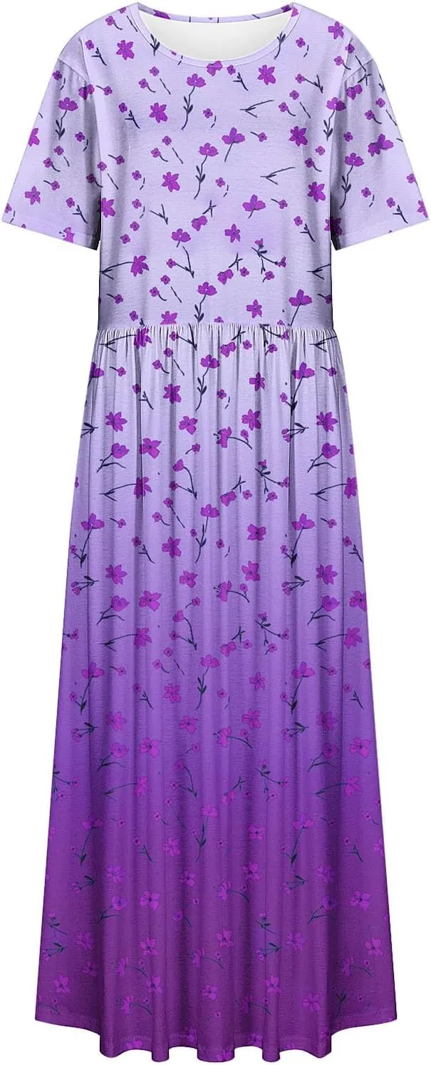 Plus Size Dresses for Women Short Sleeve Floral Graphic Dress Fashion Comfort Pleated Maxi Dress for Vacation