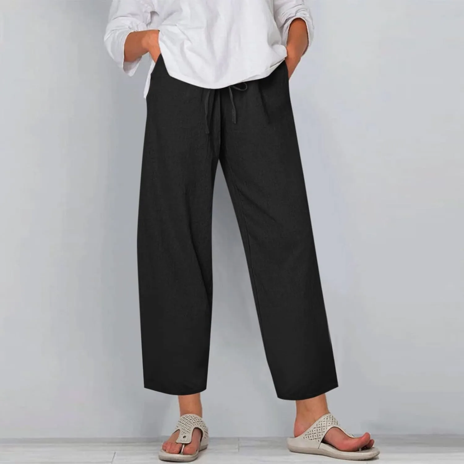 Plus Size Linen Pants for Women Wide Leg Cropped Pants Drawstring High Waisted Capri Pants Casual Loose Beach Pants