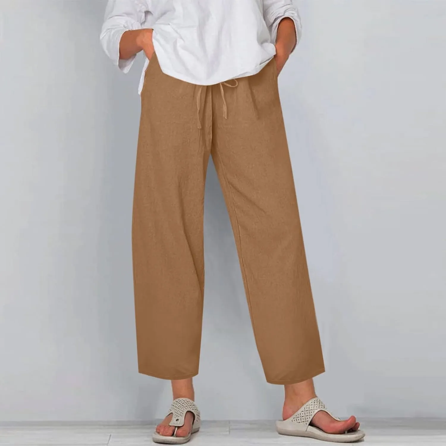 Plus Size Linen Pants for Women Wide Leg Cropped Pants Drawstring High Waisted Capri Pants Casual Loose Beach Pants