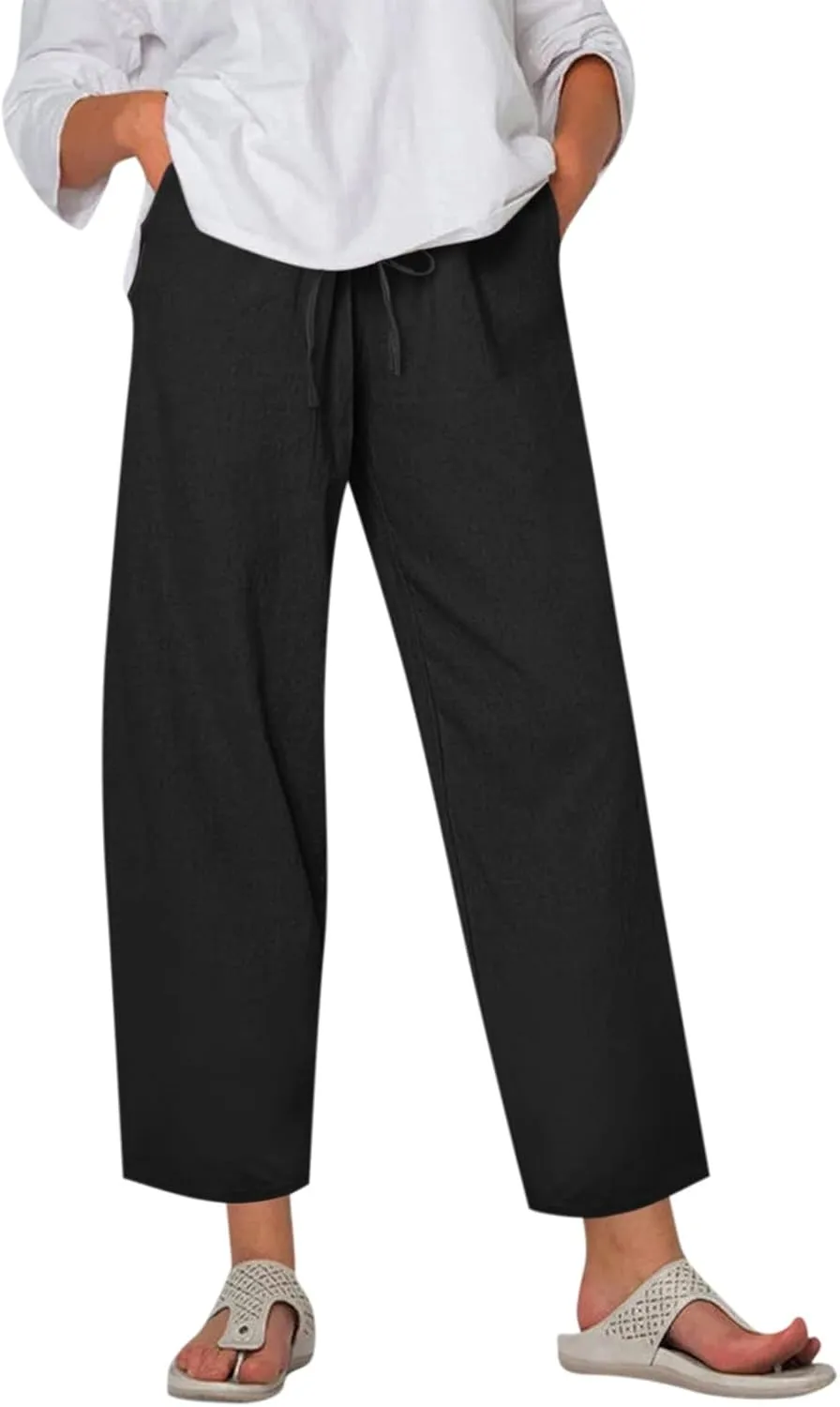 Plus Size Linen Pants for Women Wide Leg Cropped Pants Drawstring High Waisted Capri Pants Casual Loose Beach Pants