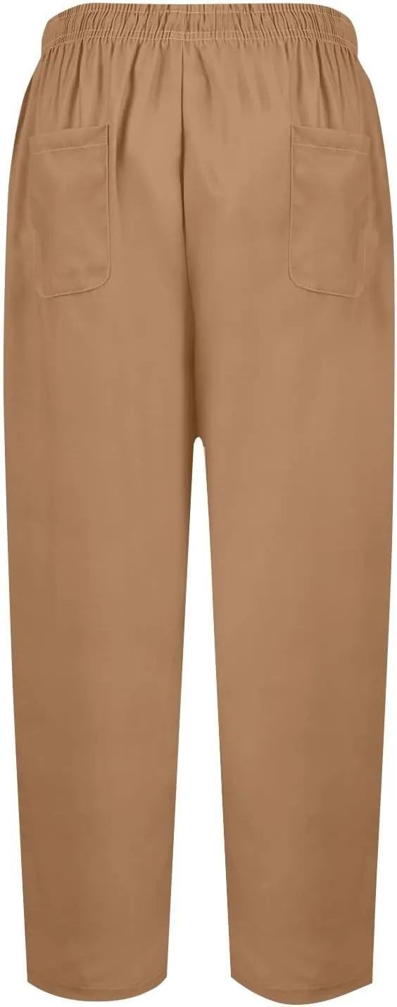 Plus Size Linen Pants for Women Wide Leg Cropped Pants Drawstring High Waisted Capri Pants Casual Loose Beach Pants