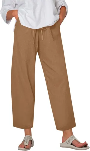 Plus Size Linen Pants for Women Wide Leg Cropped Pants Drawstring High Waisted Capri Pants Casual Loose Beach Pants