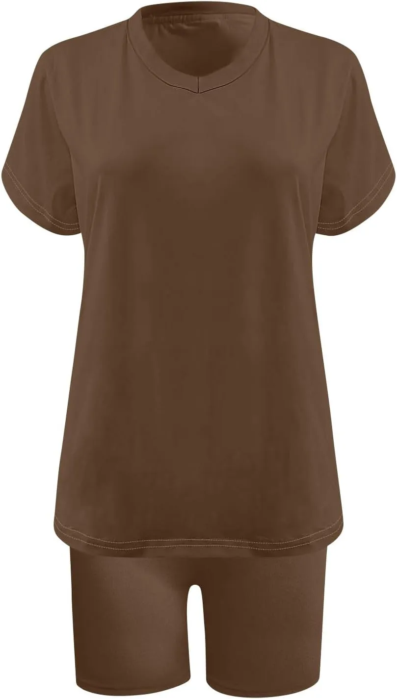 Plus Size Lounge Sets for Women V Neck Short Sleeve T Shirts Elastic Waist Biker Yoga Shorts with Pockets