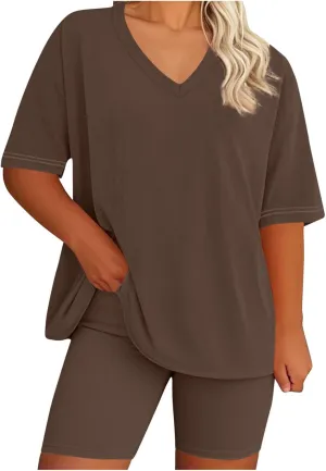 Plus Size Lounge Sets for Women V Neck Short Sleeve T Shirts Elastic Waist Biker Yoga Shorts with Pockets