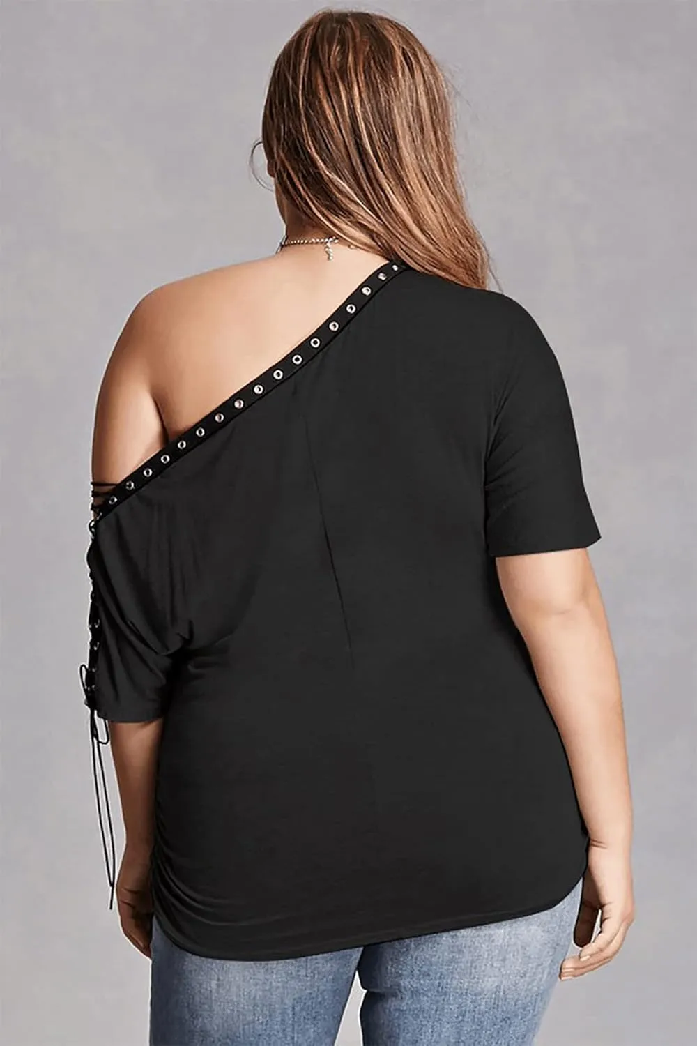 Plus Size Off Shoulder Tops for Women 3/4 Sleeve Women's Off Shoulder Oversized Pullover Black Lace up Tops M-6XL