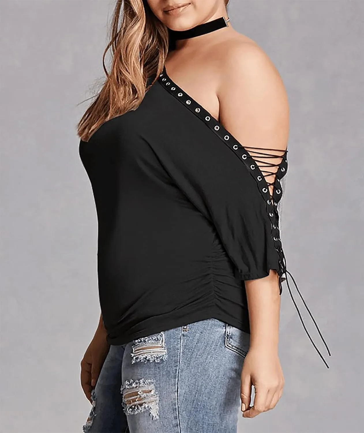 Plus Size Off Shoulder Tops for Women 3/4 Sleeve Women's Off Shoulder Oversized Pullover Black Lace up Tops M-6XL
