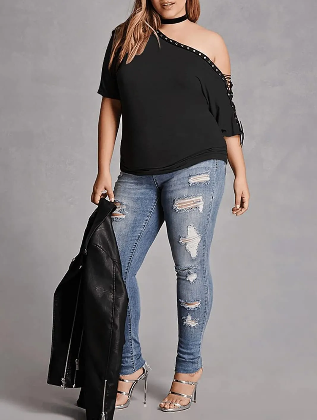 Plus Size Off Shoulder Tops for Women 3/4 Sleeve Women's Off Shoulder Oversized Pullover Black Lace up Tops M-6XL