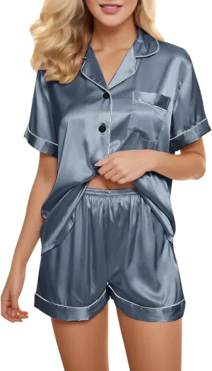 Plus Size Satin Pajamas for Women Set Short Sleeve Button down Top and Shorts Sleepwear Loungewear 2 Piece Pj Set