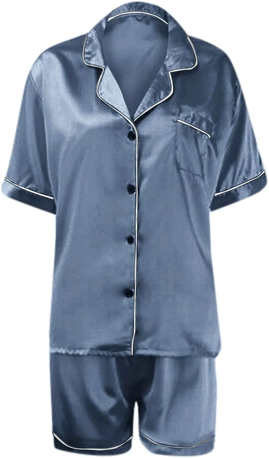 Plus Size Satin Pajamas for Women Set Short Sleeve Button down Top and Shorts Sleepwear Loungewear 2 Piece Pj Set