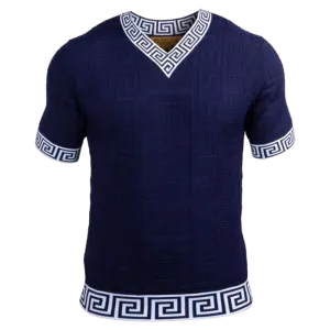 Prestige Blue V-Neck T-Shirts Greek key Collar and Sleeve Style CMK-232 Blue