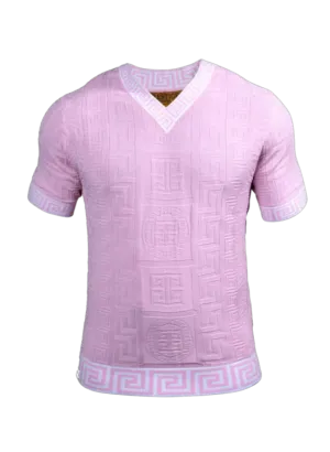 Prestige Pink Men's V-Neck T-Shirts Greek key Collar and Sleeves Fashion Style