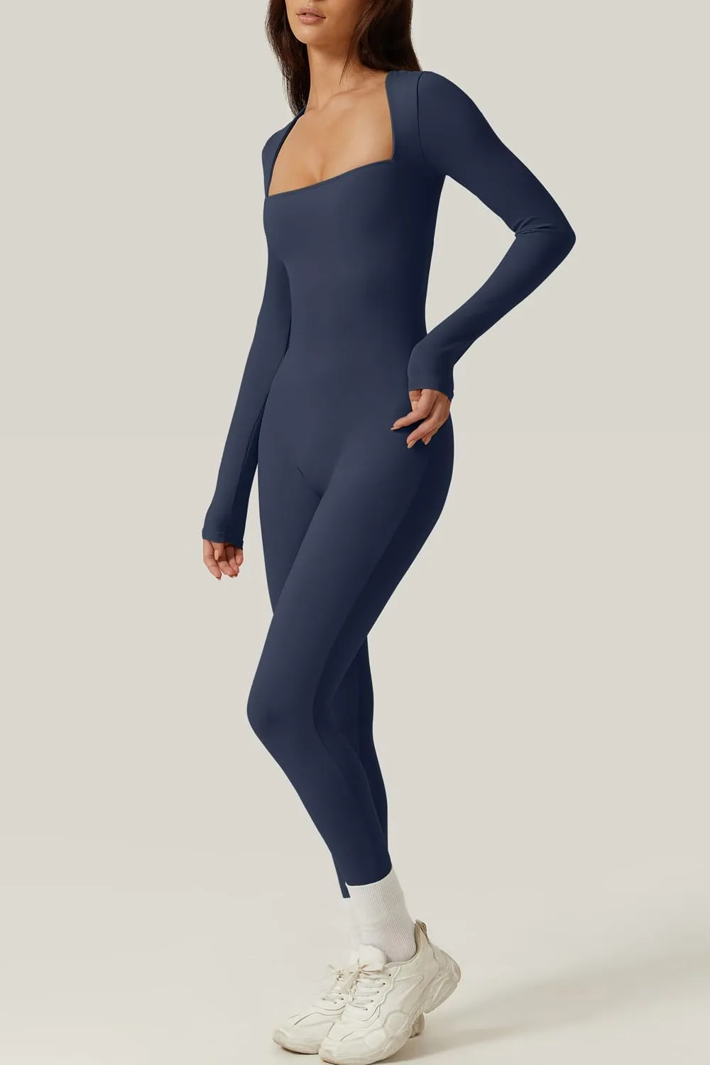 QINSEN Womens Sexy Square Neck Long Sleeve Full Length Leggings Bodycon Stretch Jumpsuit