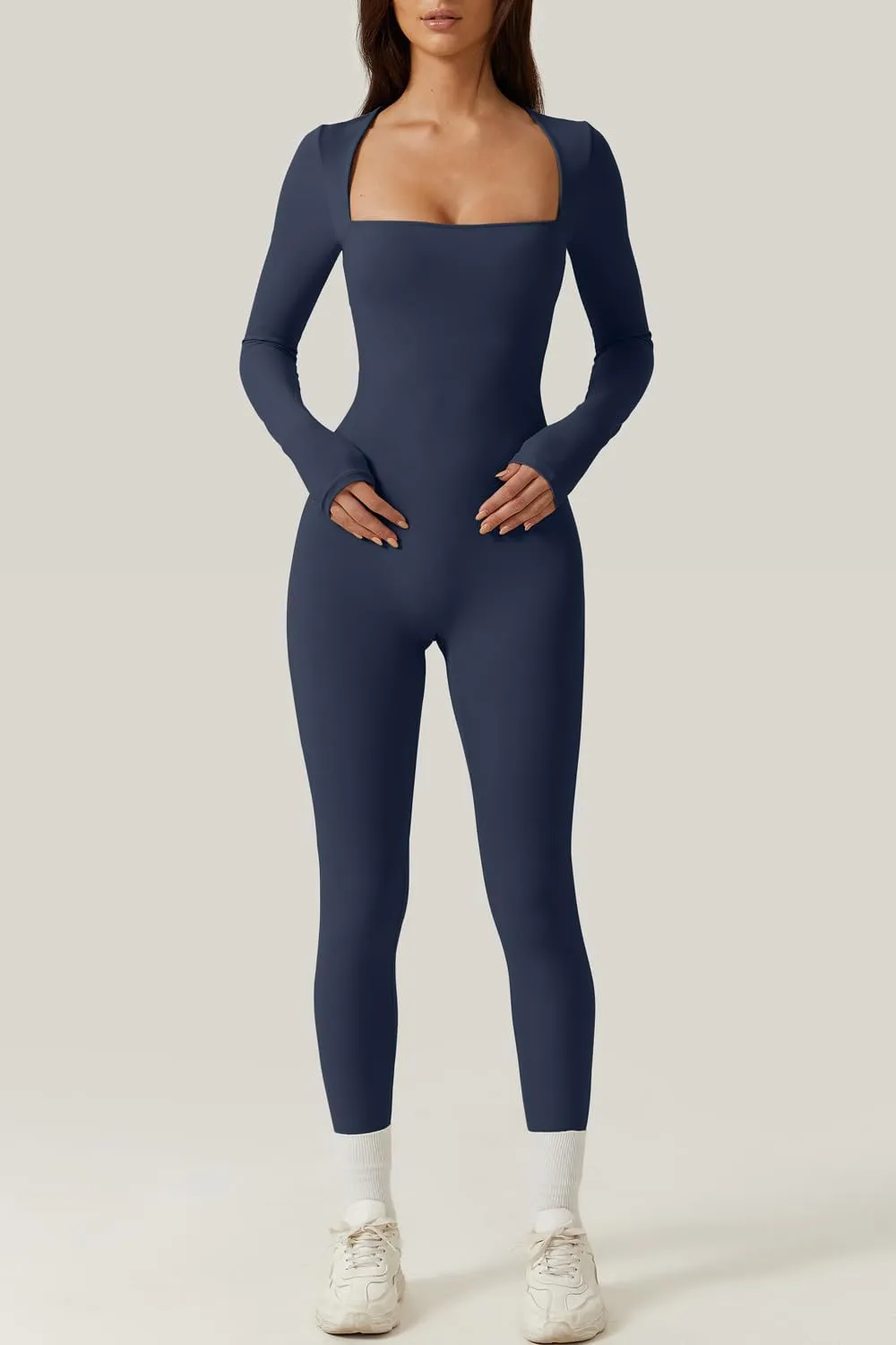 QINSEN Womens Sexy Square Neck Long Sleeve Full Length Leggings Bodycon Stretch Jumpsuit