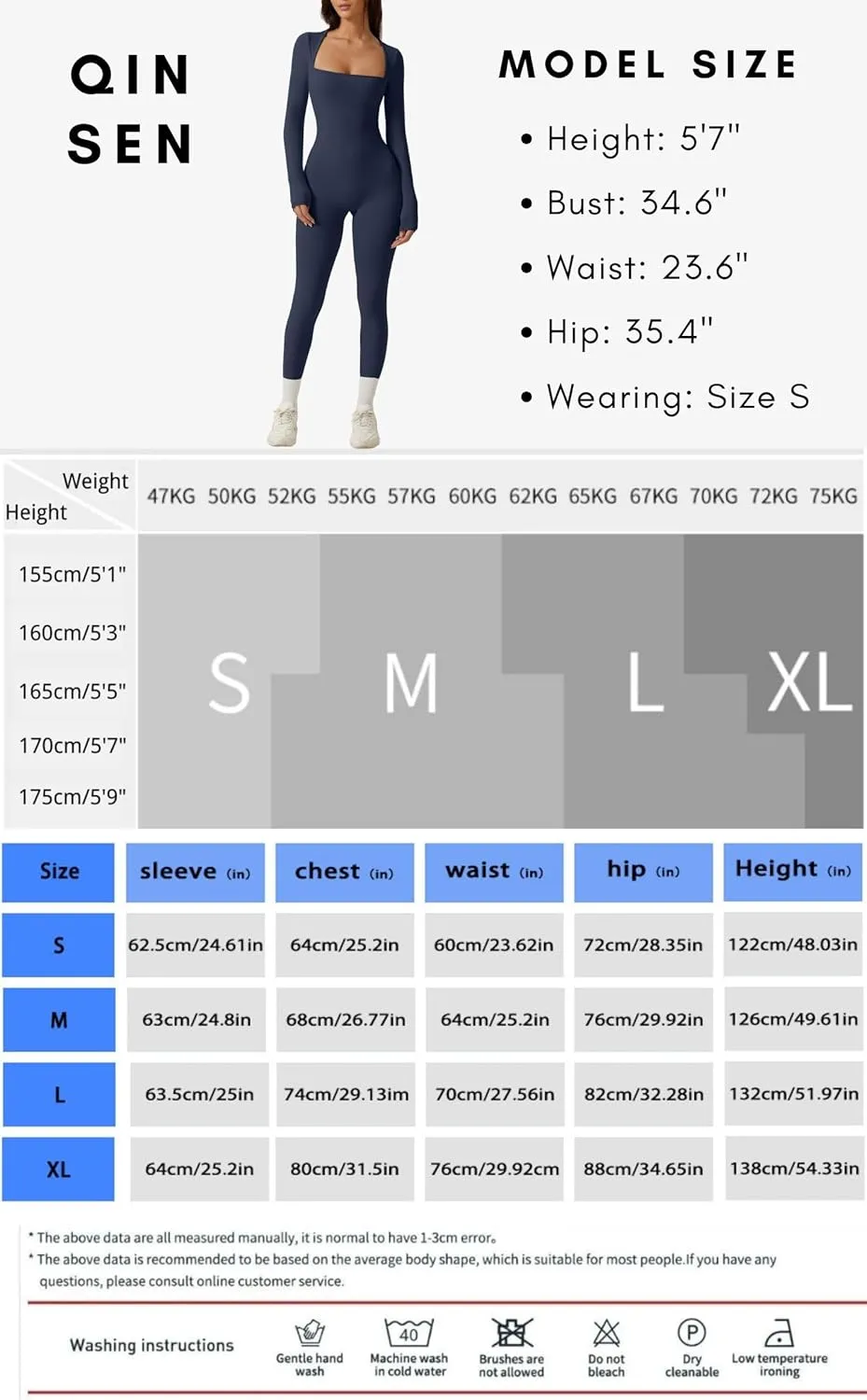 QINSEN Womens Sexy Square Neck Long Sleeve Full Length Leggings Bodycon Stretch Jumpsuit